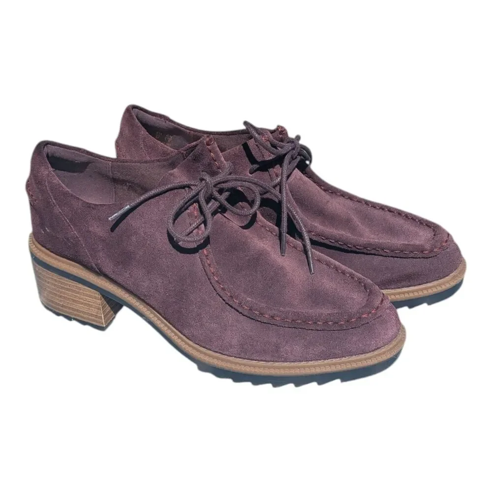 Clarks Somerset Balmer Willow Purple Suede Heeled Wallabee Loafers Womens Size 9